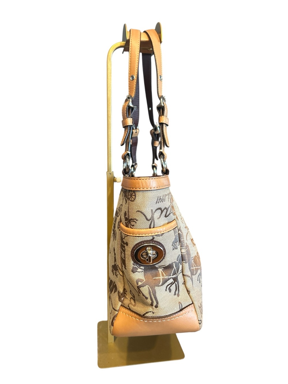 Coach Horse and Carriage print tote bag with brown leather trim. - Picture 2 of 8